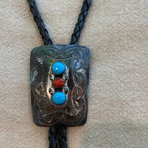 Vintage Sterling Silver Native American Braided Leather Bolo Tie